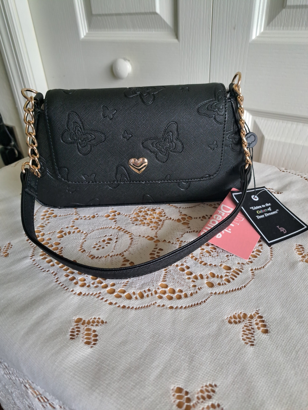 Women's Black Butterfly Crossbody Bag with Gold Heart Accent